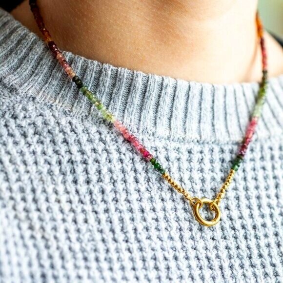 GORGEOUS Watermelon Tourmaline Beaded Necklace W/Gold Charm Clasp Non-Tarnish - Picture 1 of 11
